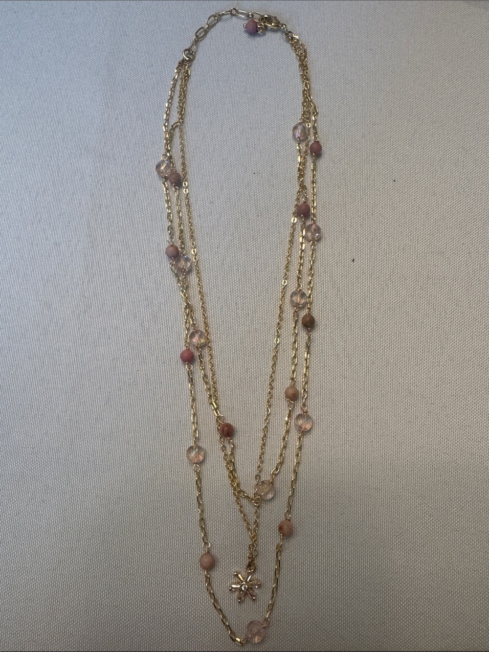Gold Multi-Strand Necklace with Pink Beads and Flower Pendant